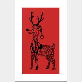 Reindeer with Christmas Hat Zentangle Posters and Art